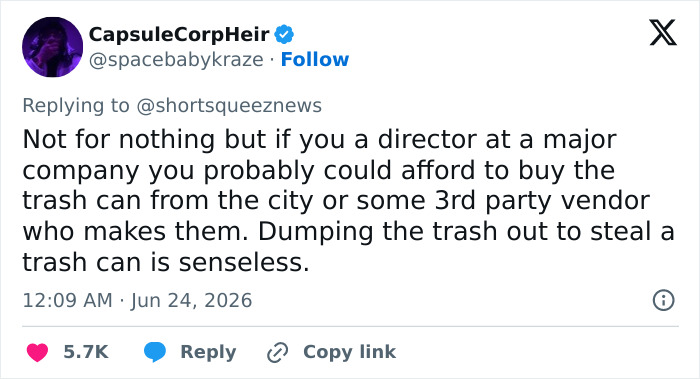 A tweet about a JPMorgan exec stealing a Knicks trashcan, discussing the senselessness of the act. A tweet about a JPMorgan exec stealing a Knicks trashcan, discussing the senselessness of the act.