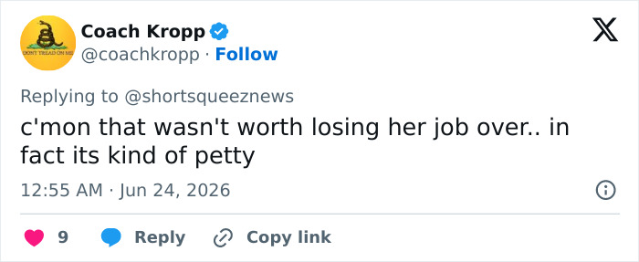 A screenshot of a tweet from Coach Kropp commenting on the JPMorgan exec facing karma. A screenshot of a tweet from Coach Kropp commenting on the JPMorgan exec facing karma.