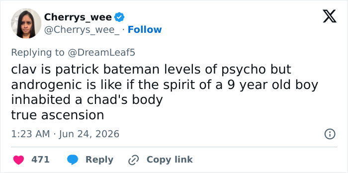 A tweet by Cherrys_wee commenting on Looksmaxxer Androgenic and the Woke Clavicular. A tweet by Cherrys_wee commenting on Looksmaxxer Androgenic and the Woke Clavicular.