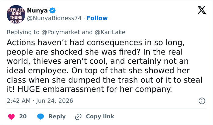 A tweet commenting on the JPMorgan execs firing for stealing a Knicks trashcan, stating thieves aren't ideal employees. A tweet commenting on the JPMorgan execs firing for stealing a Knicks trashcan, stating thieves aren't ideal employees.
