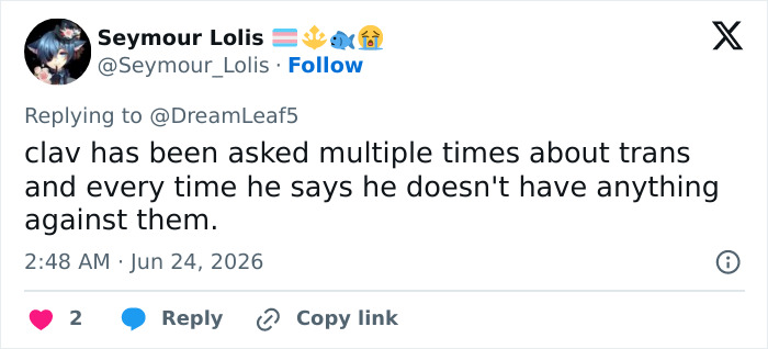 A tweet by Seymour_Lolis discussing Clavicular and trans woman interactions. A tweet by Seymour_Lolis discussing Clavicular and trans woman interactions.