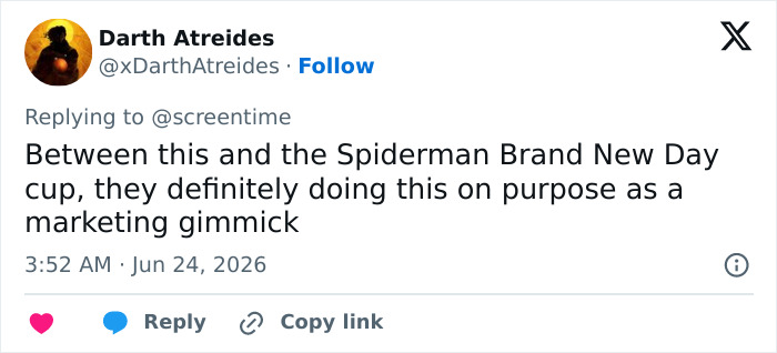 Tweet by Darth Atreides suggesting the movie souvenir is a marketing gimmick, trolling Supergirl fans.