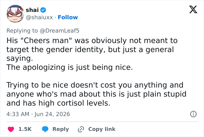 Screenshot of Shai's tweet about Looksmaxxer Androgenic's interaction with a trans woman, defending the apology as politeness. Screenshot of Shai's tweet about Looksmaxxer Androgenic's interaction with a trans woman, defending the apology as politeness.