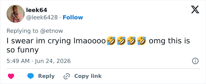 A social media post from leek64 on Jun 24, 2026, saying I swear im crying lmaoooo 🤣🤣🤣🤣 omg this is so funny about Supergirl movie souvenir.