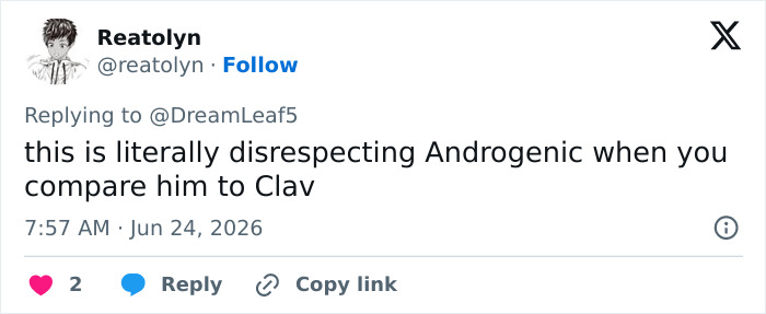 A tweet by Reatolyn comparing Looksmaxxer Androgenic to Clavicular. A tweet by Reatolyn comparing Looksmaxxer Androgenic to Clavicular.