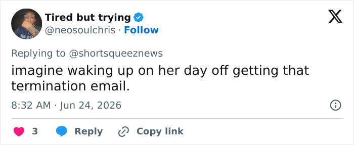 A screenshot of a tweet from Tired but trying about the JPMorgan exec's termination email. A screenshot of a tweet from Tired but trying about the JPMorgan exec's termination email.