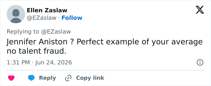 Screenshot of a tweet mentioning Jennifer Aniston as a fraud, related to the Hollywood voting scandal. Screenshot of a tweet mentioning Jennifer Aniston as a fraud, related to the Hollywood voting scandal.