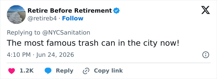 Screenshot of a social media post about the stolen Knicks trashcan from the viral video.