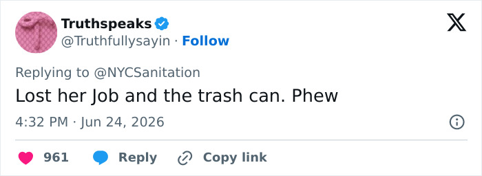 A tweet from Truthspeaks about the JPMorgan exec losing her job and the Knicks trashcan after the viral video.