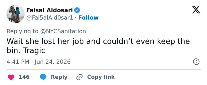 Faisal Aldosari tweet: A user comments on the tragic loss of job and stolen Knicks trashcan for the JPMorgan exec in the viral video.