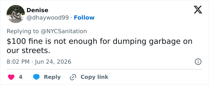 Denise tweet: A user comments on the fine not being enough after the JPMorgan exec emptied a stolen Knicks trashcan in the viral video.