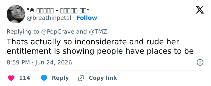 A tweet criticizing Taylor Swift's wedding plan as inconsiderate and rude, highlighting entitlement.