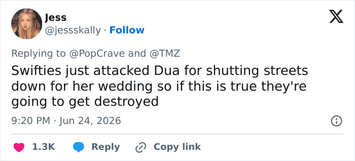 A tweet from Jess about the backlash Taylor Swift's wedding might receive, referencing past Swifties actions.