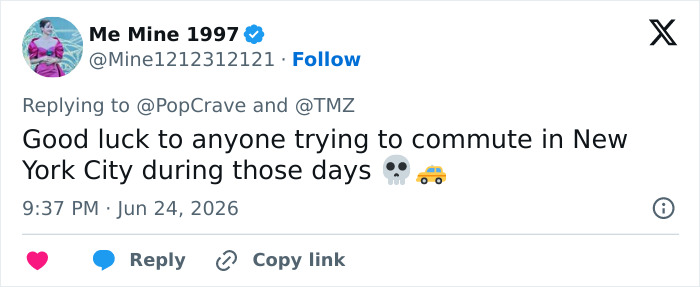 Tweet expressing concern for New York City commute due to Taylor Swift's wedding plan backlash.