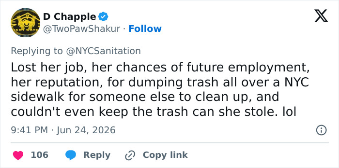 D Chapple tweet: A user details the consequences for the JPMorgan exec, including job loss and the stolen Knicks trashcan in the viral video.