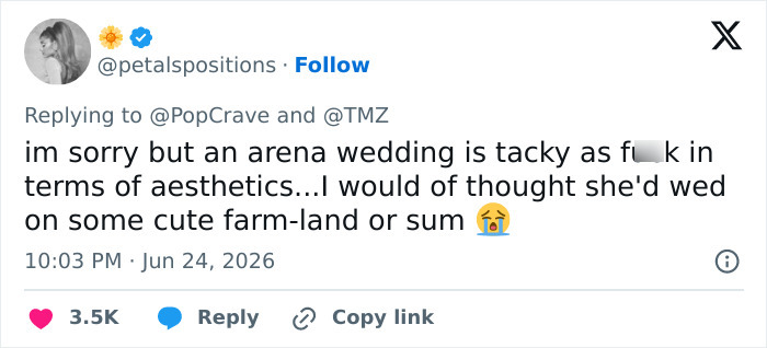 A tweet from @petalspositions expressing that Taylor Swift's arena wedding is tacky in terms of aesthetics.