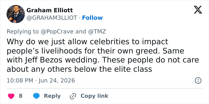 A tweet by Graham Elliott showing backlash at Taylor Swift's wedding for elitist plans impacting livelihoods.