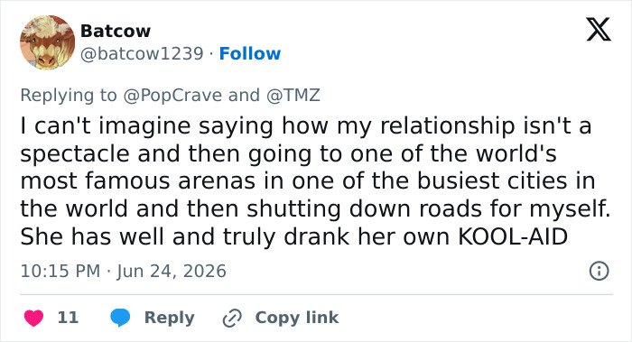 Tweet criticizing Taylor Swift's wedding plan as a spectacle and self-indulgent, causing backlash.