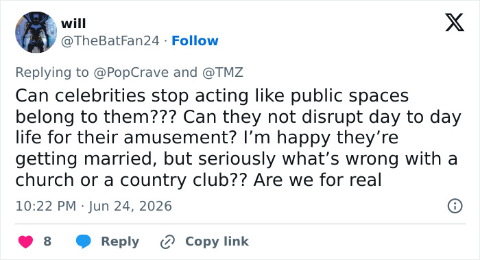 A tweet questioning celebrity disruption for Taylor Swift's wedding, highlighting public backlash.