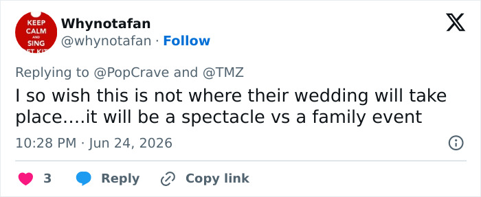 Tweet hoping the wedding location is not for Taylor Swift's wedding due to potential backlash.
