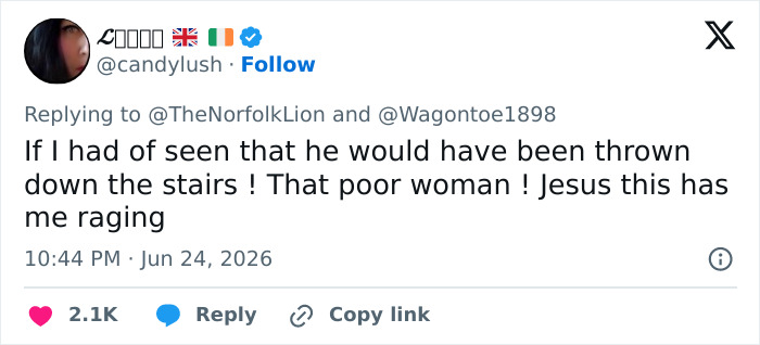 Screenshot of a tweet from candylush expressing rage about a Male Karen refusing to move for an 80-year-old woman.