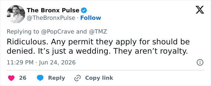 A social media post from @TheBronxPulse suggesting Taylor Swift's wedding permits should be denied.