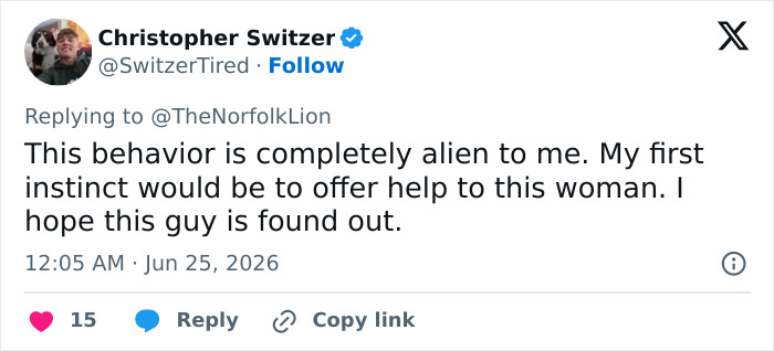 Christopher Switzer tweet: This behavior is completely alien to me. My first instinct would be to offer help to this woman. I hope this guy is found out. Male Karen refusing to move for an 80YO woman.