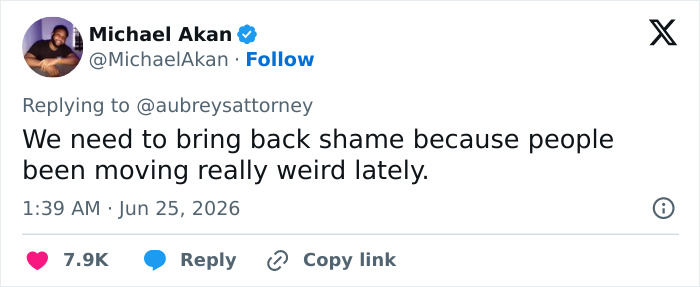 Screenshot of a tweet by Michael Akan, discussing shame, related to Rihanna's partner's alleged disrespect.