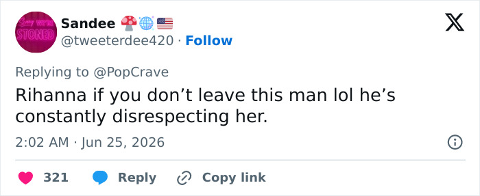 Screenshot of a tweet by Sandee, advising Rihanna to leave her partner for constantly disrespecting her.