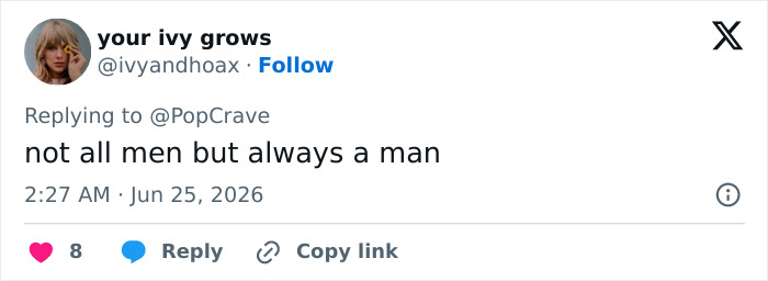 A tweet about Rihanna's partner disrespecting her onstage, commenting not all men but always a man.