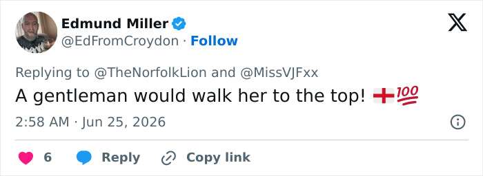 Edmund Miller tweet: A gentleman would walk her to the top! Male Karen refusing to move for an 80YO woman.