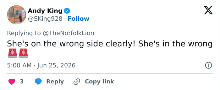 Andy King tweet: She's on the wrong side clearly! She's in the wrong! Male Karen refusing to move for an 80YO woman.