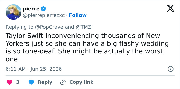 Tweet expressing backlash about Taylor Swift's wedding plan inconveniencing New Yorkers.