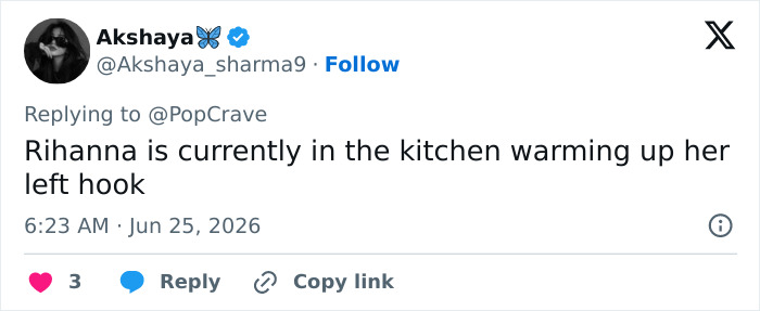 A tweet about Rihanna's partner disrespecting her onstage, saying Rihanna is warming up her left hook.