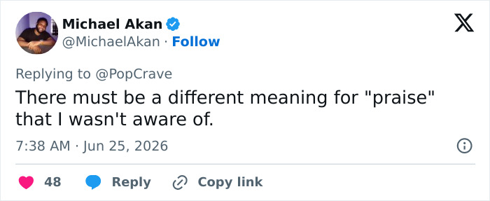 Screenshot of a tweet by Michael Akan, questioning the meaning of praise in relation to Rihanna's partner's comment.