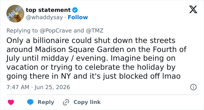 Tweet about a billionaire's wedding plan shutting down streets, causing backlash and inconvenience.