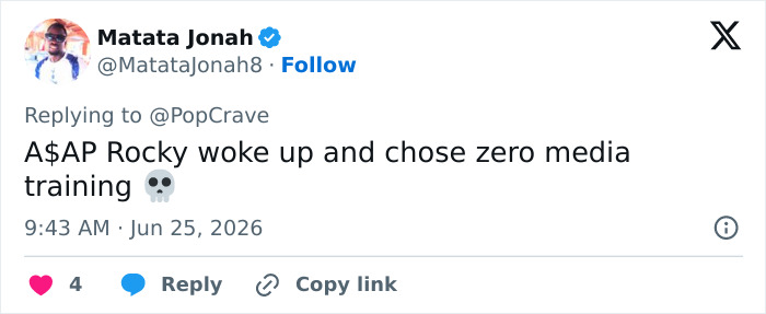 A tweet about Rihanna's partner disrespecting her onstage, stating he chose zero media training.