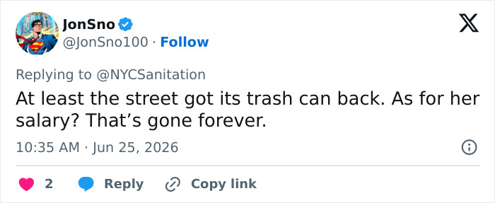 Screenshot of a viral video tweet about a JPMorgan exec and a stolen Knicks trashcan, with a hilarious response.