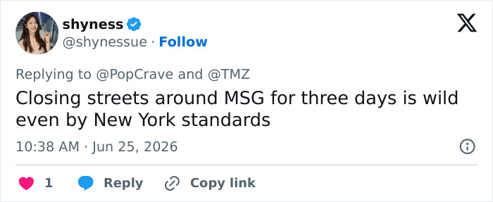 Tweet about street closures around MSG due to Taylor Swift's wedding backlash.
