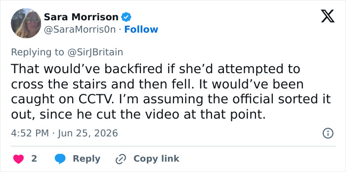 Screenshot of a tweet discussing the Male Karen incident and public staircase etiquette.