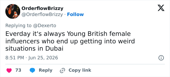 Screenshot of a tweet by OrderflowBrizzy about young British influencers arrested in Dubai.
