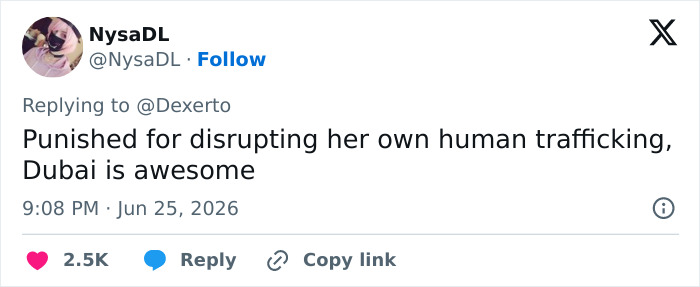 Tweet criticizing human trafficking disruption in Dubai involving influencer
