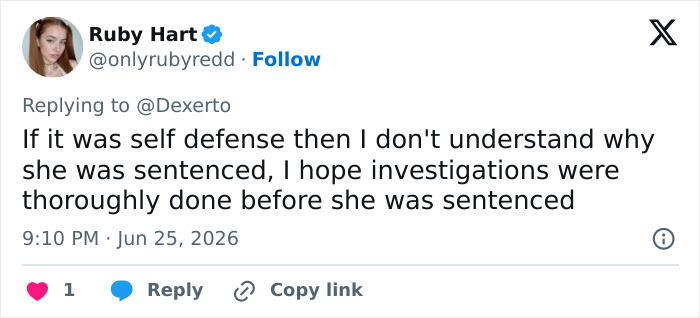 A tweet by Ruby Hart questioning the sentencing of an influencer arrested in Dubai if it was self-defense.