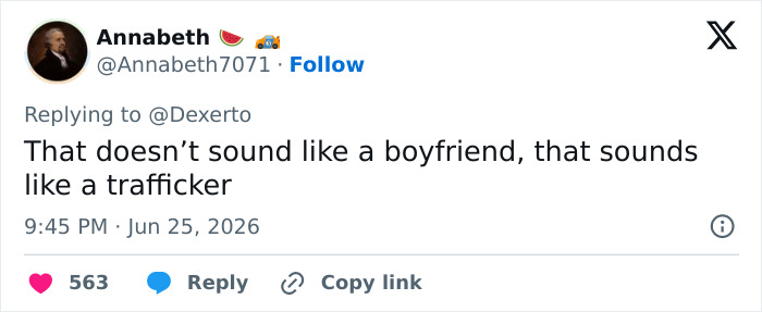 A tweet from Annabeth, stating, That doesn't sound like a boyfriend, that sounds like a trafficker, concerning an influencer arrested in Dubai.