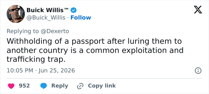 Tweet discussing passport withholding as exploitation and trafficking trap