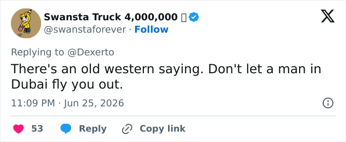 Screenshot of a tweet by Swansta Truck 4,000,000 mentioning an influencer arrested in Dubai and a warning.