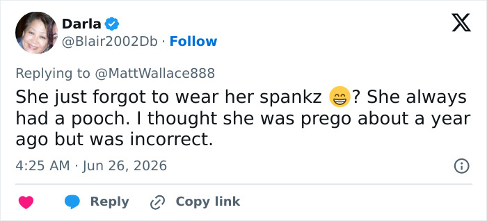 A tweet by Darla suggesting that Taylor Swift or Selena Gomez may have forgotten to wear shapewear, referencing a pregnancy rumor.