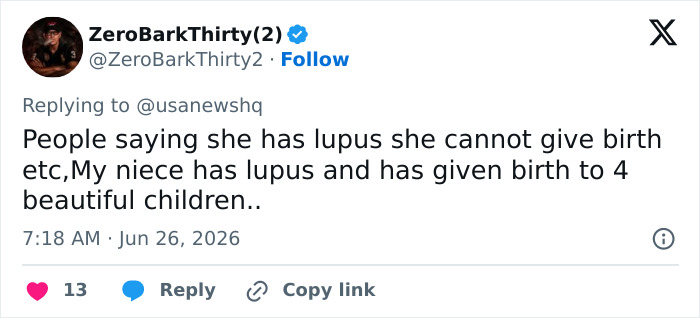 A tweet discussing lupus and childbirth, relating to Selena Gomez and pregnancy rumors among fans.