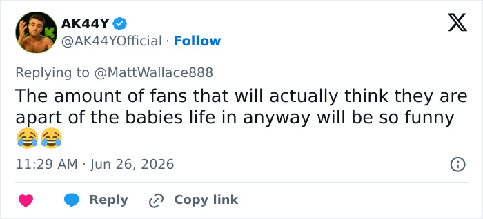 A tweet by AK44Y making a humorous comment about fans believing they are part of the babies lives of Taylor Swift or Selena Gomez.