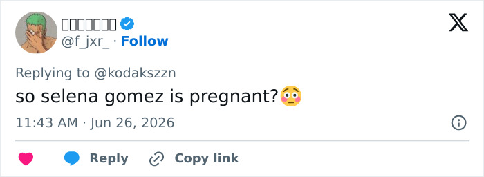 A tweet questioning if Selena Gomez is pregnant, fueling fan speculation about Taylor Swift and Selena Gomez.